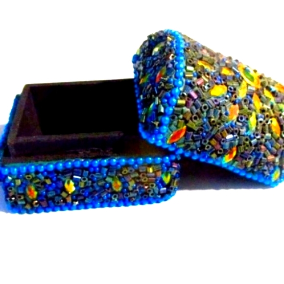 Handmade Blue Gold AB Jeweled Beaded Trinket Chest Box - Picture 2 of 5